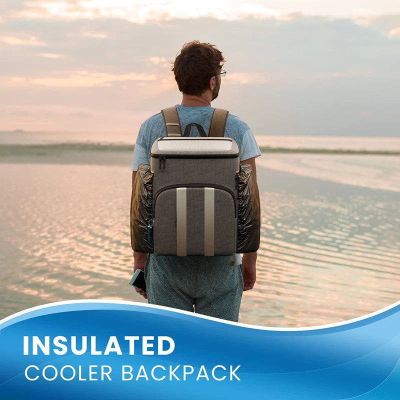 Premium refrigerated backpack in grey and black colours, perfect for picnics and outdoor adventures in the British countryside