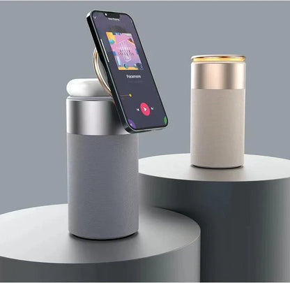A 3-in-1 device that combines a wireless charger, Bluetooth speaker, and touch-controlled lamp for versatile functionality in the home or office.