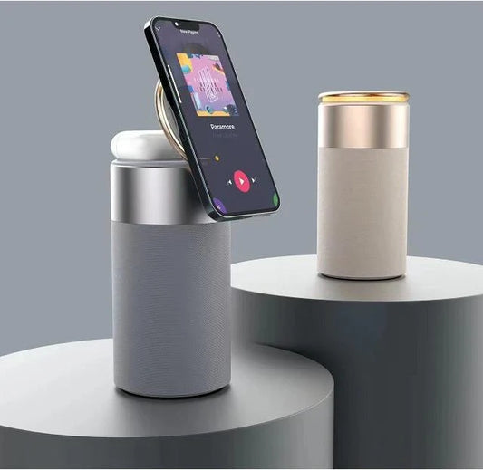A 3-in-1 device that combines a wireless charger, Bluetooth speaker, and touch-controlled lamp for versatile functionality in the home or office.