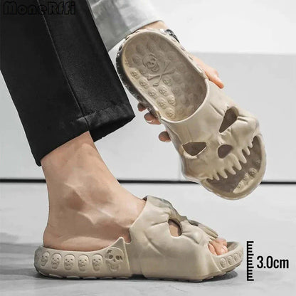 Spooky skull-designed slippers in various colors and sizes for indoor, outdoor, and beach wear