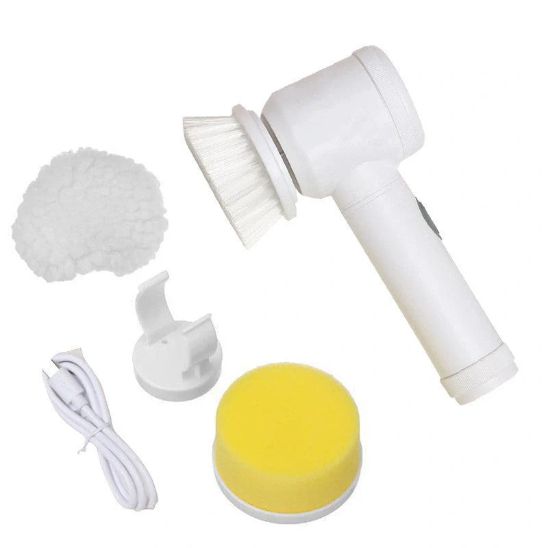 5-in-1 electric cleaning brush with white handle and three interchangeable heads