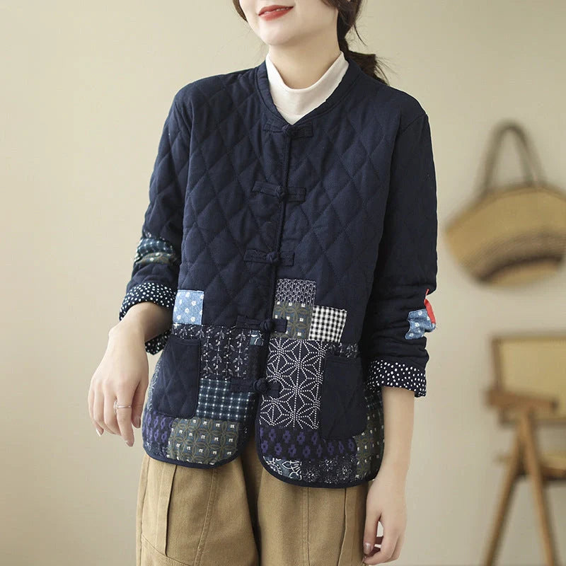 Vintage patch cardigan with rhombus pattern and buckle details in yellow and blue
