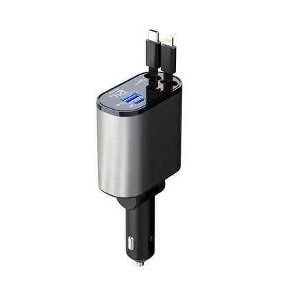 Ultra-Fast 100W Car Charger with Retractable Cable and Adjustable Connector for Rapid Smartphone, Tablet, and Laptop Charging