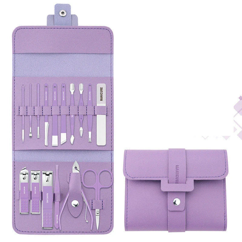A 16-piece premium manicure and pedicure set with stainless steel tools and a stylish leather case