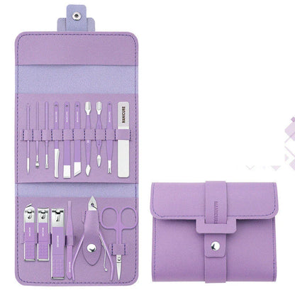 A 16-piece premium manicure and pedicure set with stainless steel tools and a stylish leather case