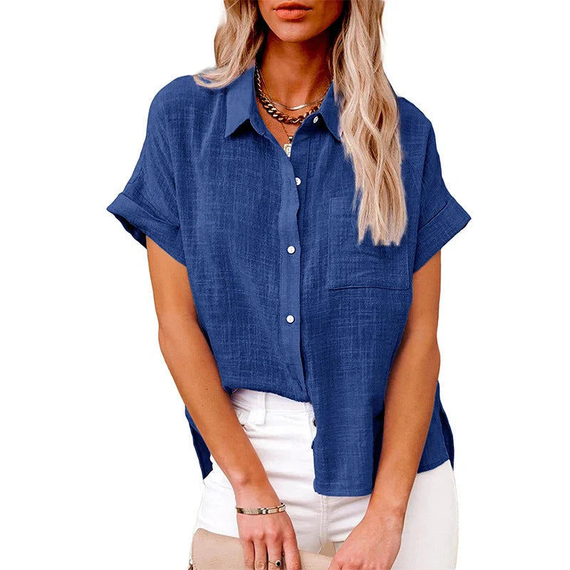 Women's cotton linen short-sleeved shirt with pocket in various colours
