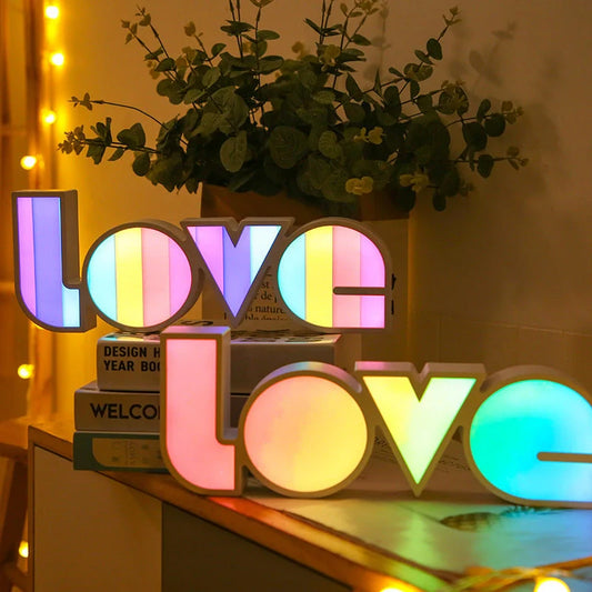 Rainbow-style LED LOVE light with "LOVE" design for romantic and festive decor