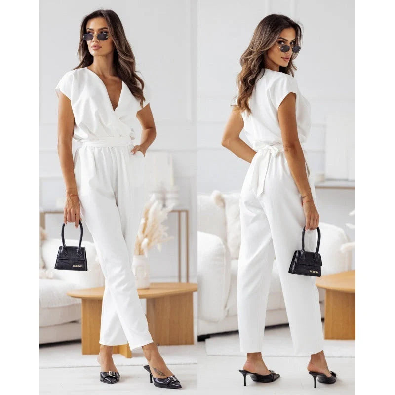 Women's slimming short-sleeved jumpsuit with lace-up trousers in various colours