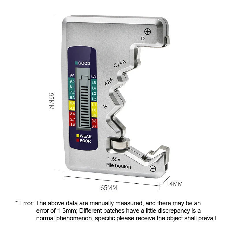Universal Digital Battery Tester with LCD display for checking AA, AAA, 9V, and button cell batteries