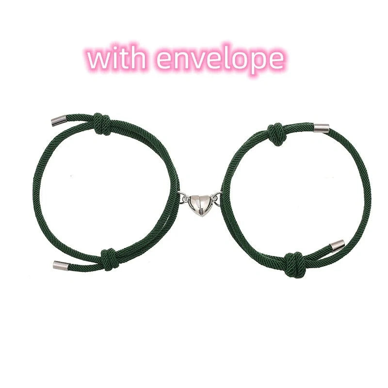 Adjustable nylon love magnetic bracelet with sticky metal heads in various colours