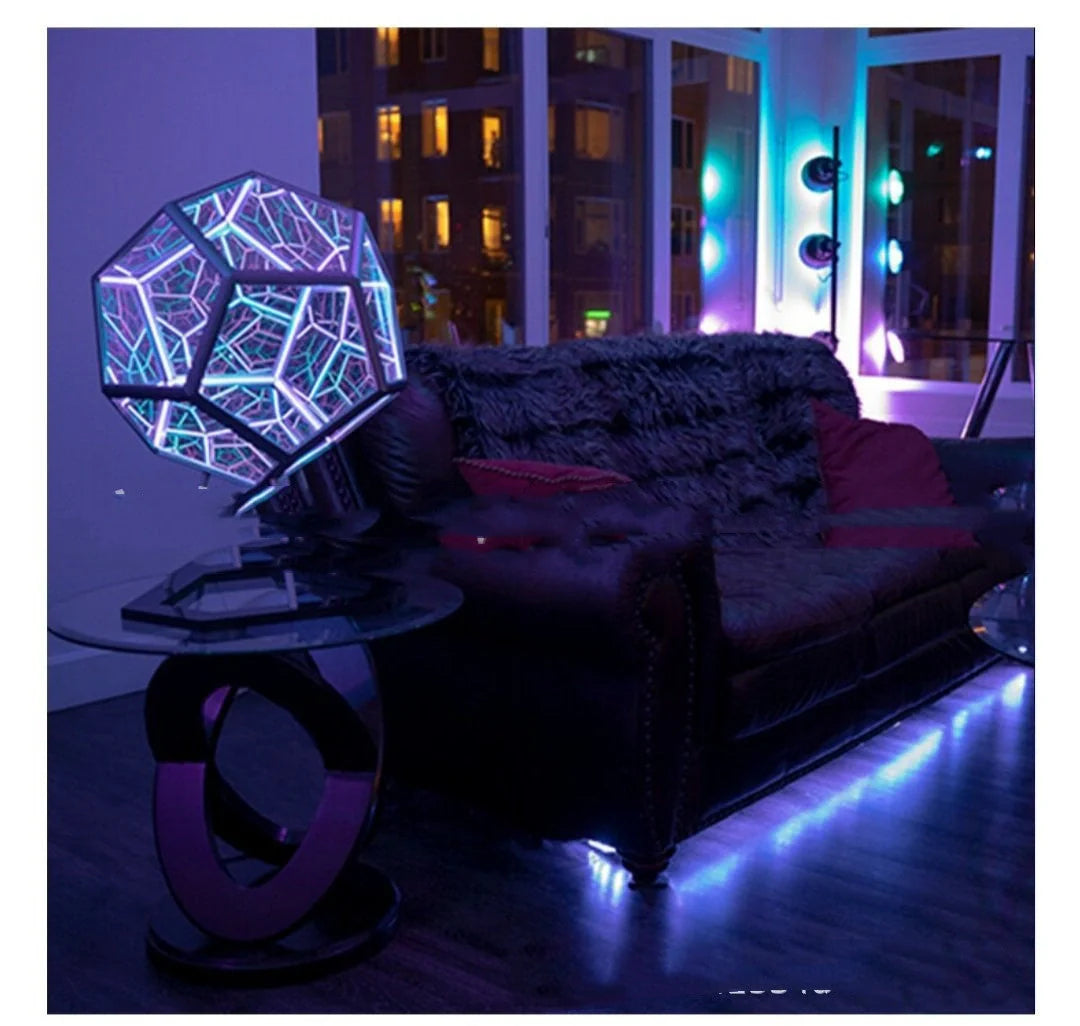 Infinite Dodecahedron LED Galaxy Projector Lamp displaying colourful lighting patterns