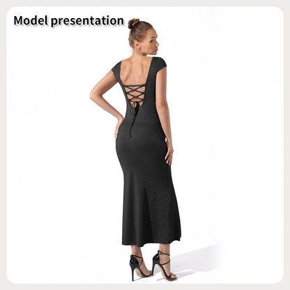Elegant black dress with a timeless, figure-flattering silhouette made from premium British-sourced fabrics