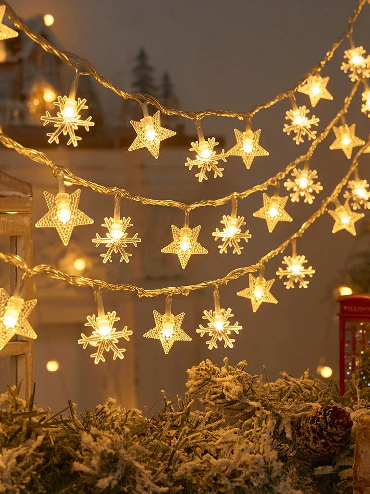 Snowflake string light garlands for Christmas and winter decor in various colours and lengths