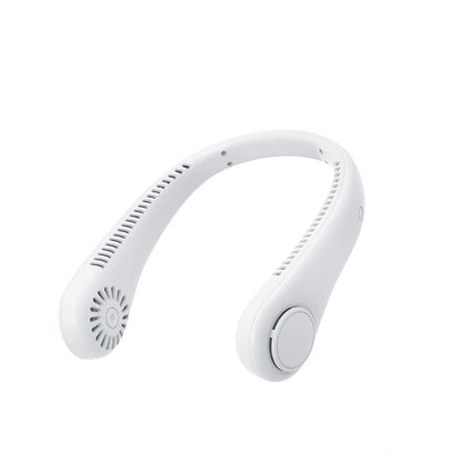 Hands-Free USB Rechargeable Neck Fan in white, pink, green, and blue with bladeless cooling technology