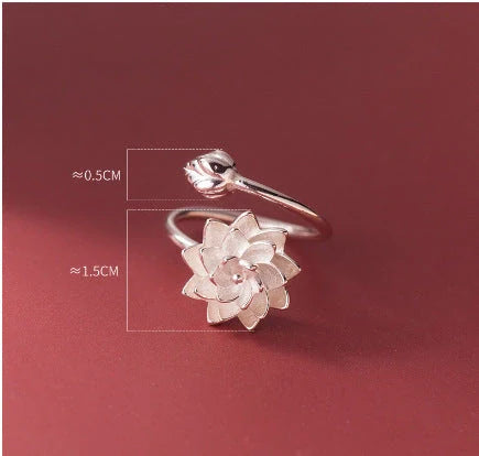 Elegant silver lotus flower adjustable opening ring with intricate design, perfect for everyday wear or special occasions
