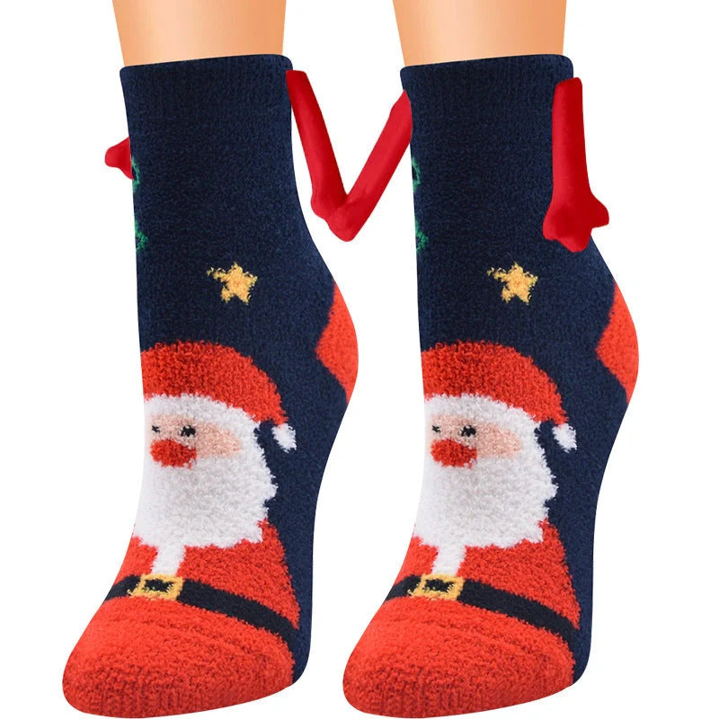 Christmas couple socks with magnetic suction feature for hand holding, festive 3D animal patterns
