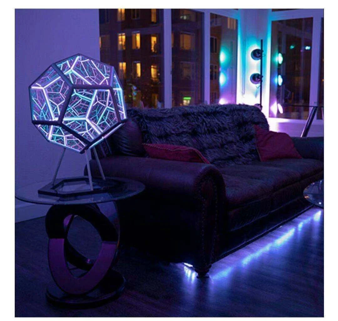 Elegant geometric colour-changing decorative lamp with glass and anodized aluminium construction
