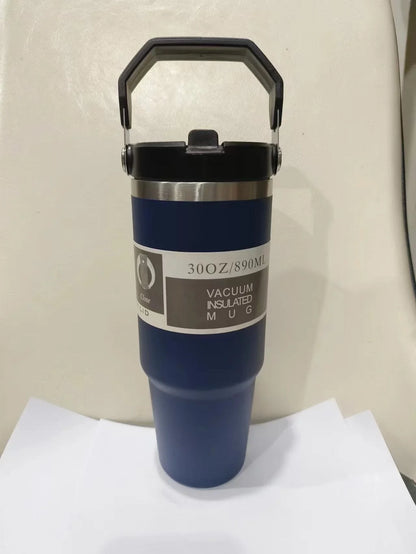 Stainless steel insulated tumbler with handle, available in multiple colors and sizes, designed to keep drinks hot or cold for hours.