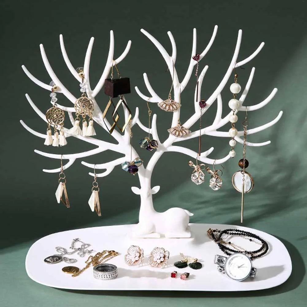 Deer Antler Jewelry Stand in white and black, displaying necklaces and earrings