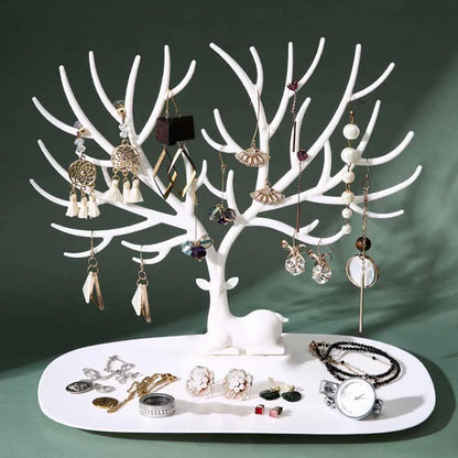 Deer Antler Jewelry Stand in white and black, displaying necklaces and earrings