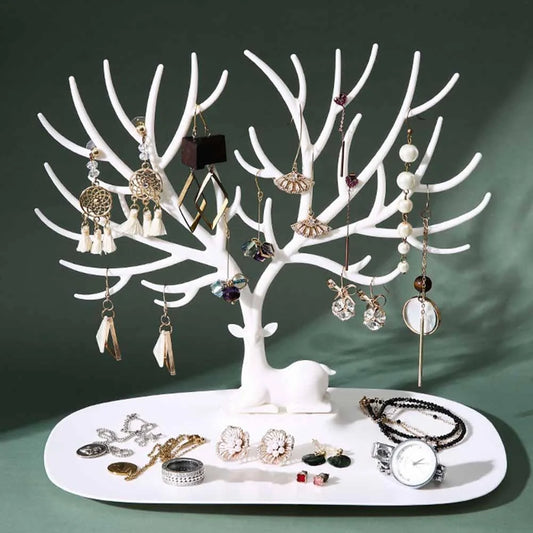 Deer Antler Jewelry Stand in white and black, displaying necklaces and earrings
