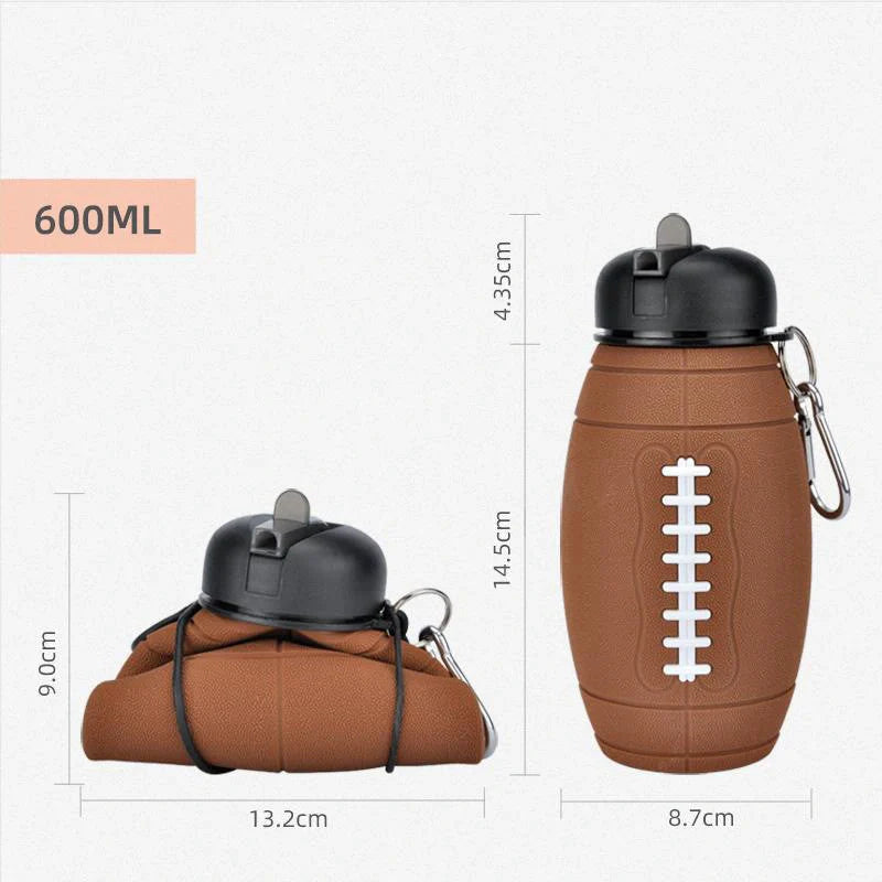 Brown rugby ball-shaped collapsible water bottle with leak-proof silicone seal