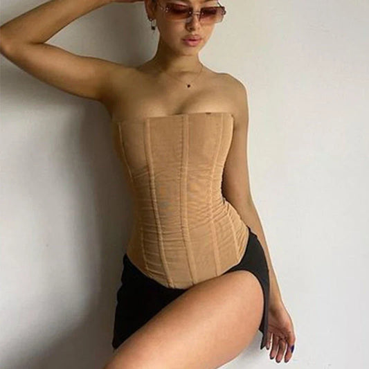 Versatile sleeveless crop corset tank top for women in various colors and sizes, featuring a unique backless, gauze-inspired design for a contemporary, fashionable look.