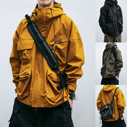 Men's hooded jacket in black, yellow, or green with windproof feature and three-dimensional pockets