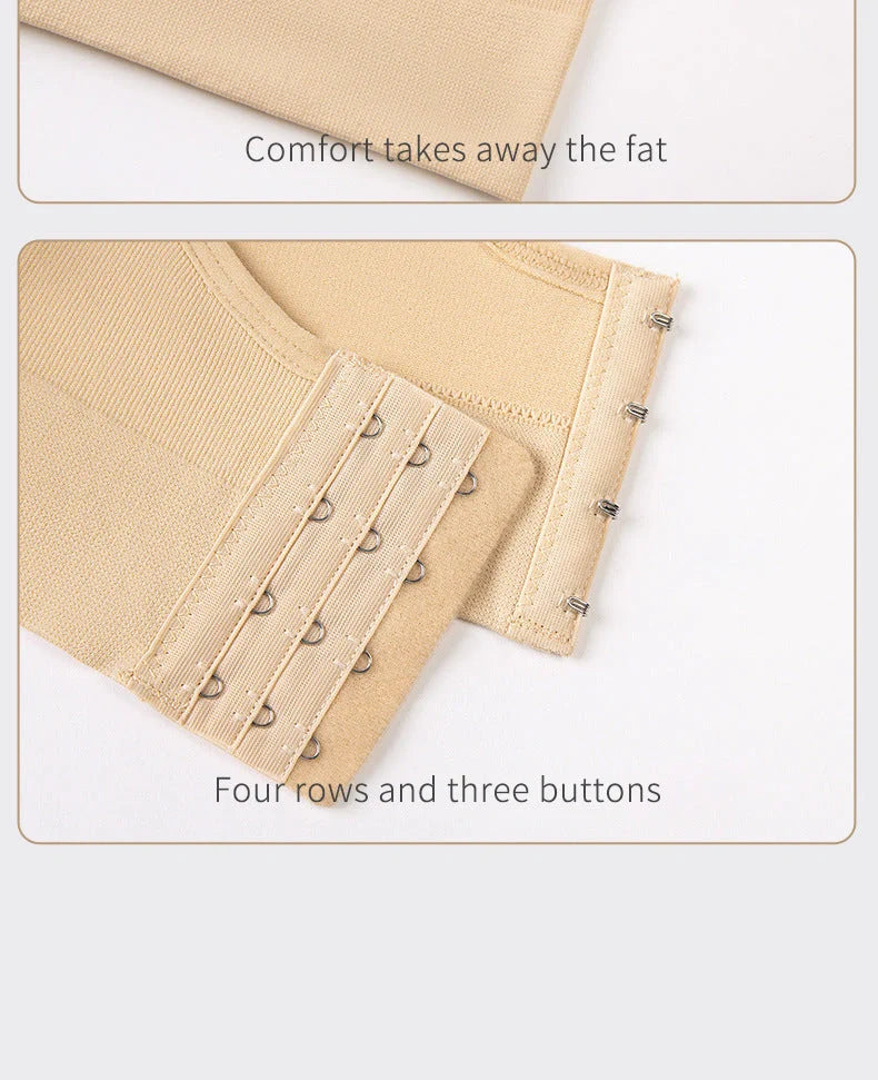Back Button Up Bra with wide white straps in white, black, and apricot