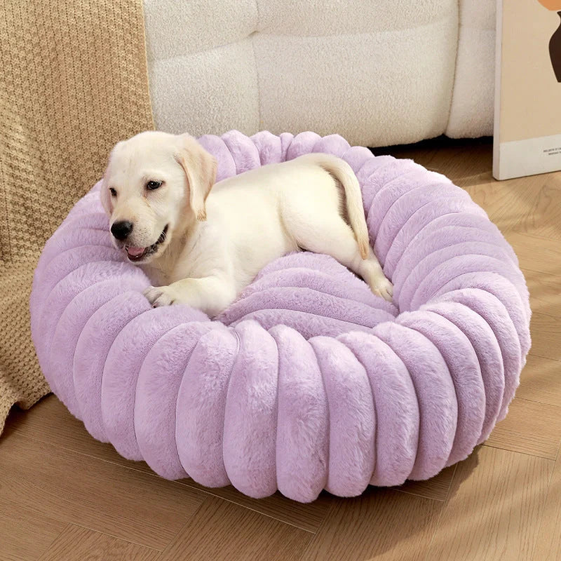 Plush round pet kennel for dogs, available in multiple colours and sizes for winter comfort