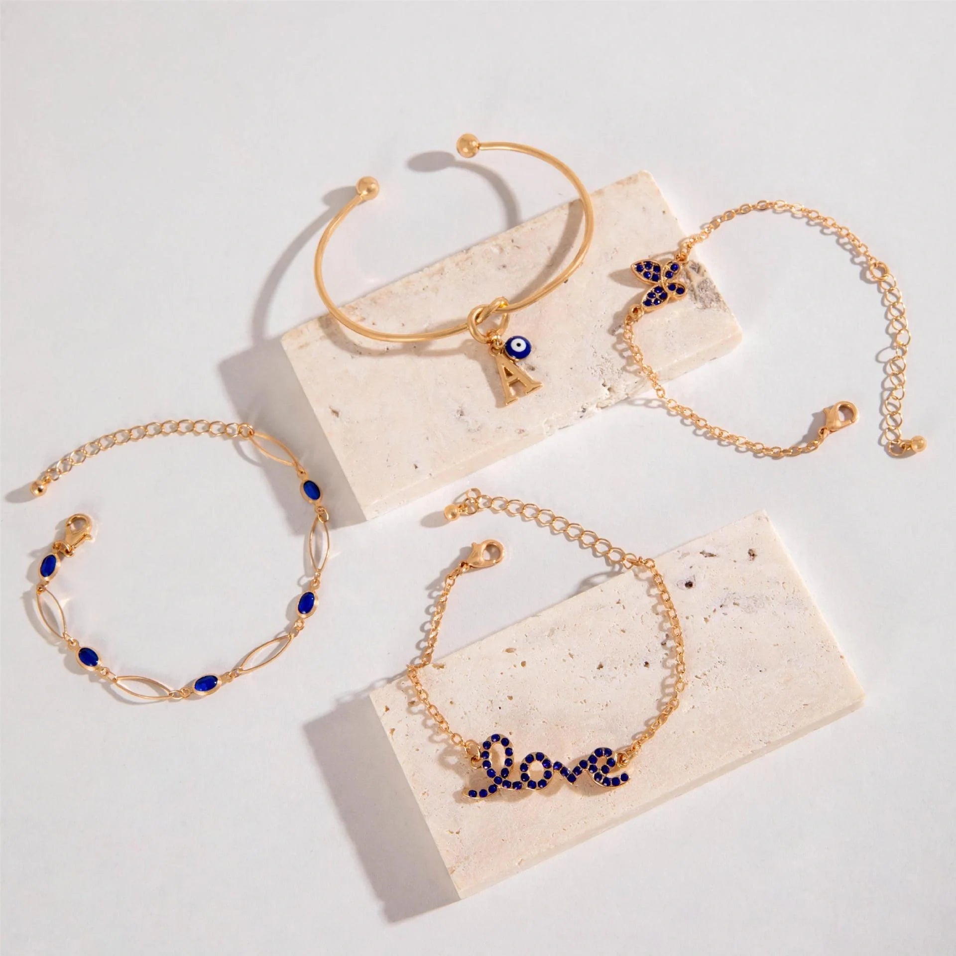 4-piece Blue Flower Love Butterfly Bracelet Set with Rhinestones for Valentines Day