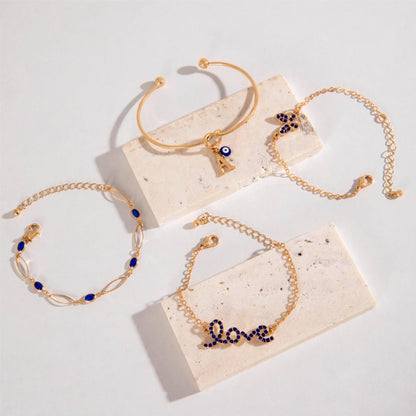 4-piece Blue Flower Love Butterfly Bracelet Set with Rhinestones for Valentines Day