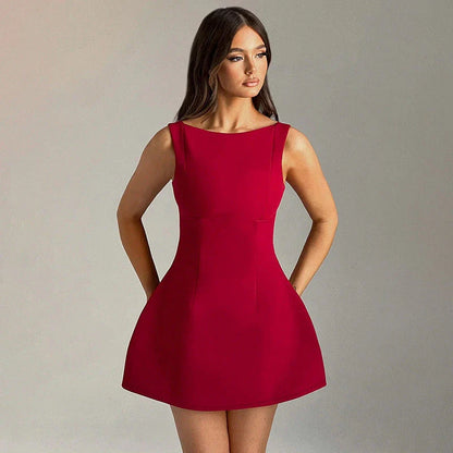 Chic backless summer dress with slim silhouette and sleeveless design, available in black, white, and red colors