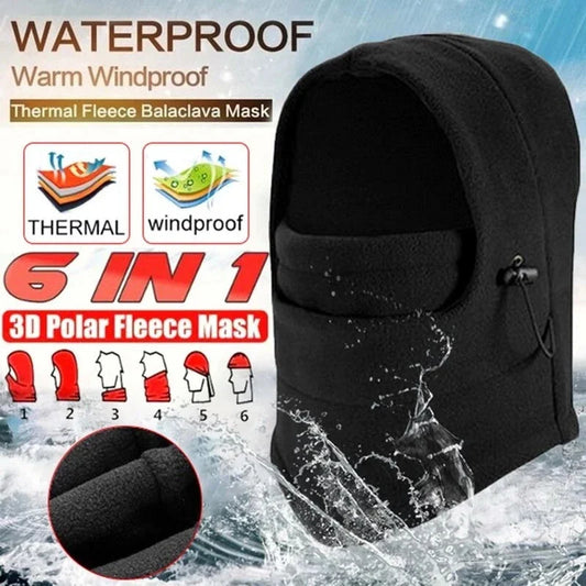 Versatile outdoor winter headwear with a warm fleece hat, face mask, and neck scarf for cold weather protection