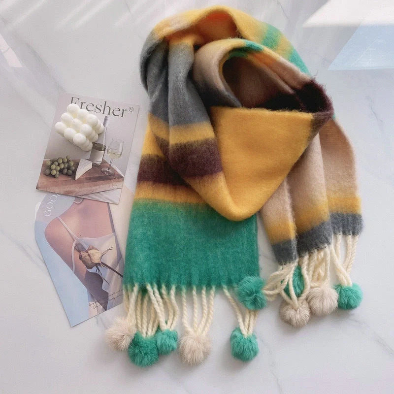 Vibrant rainbow mohair tassel scarf for warmth and style