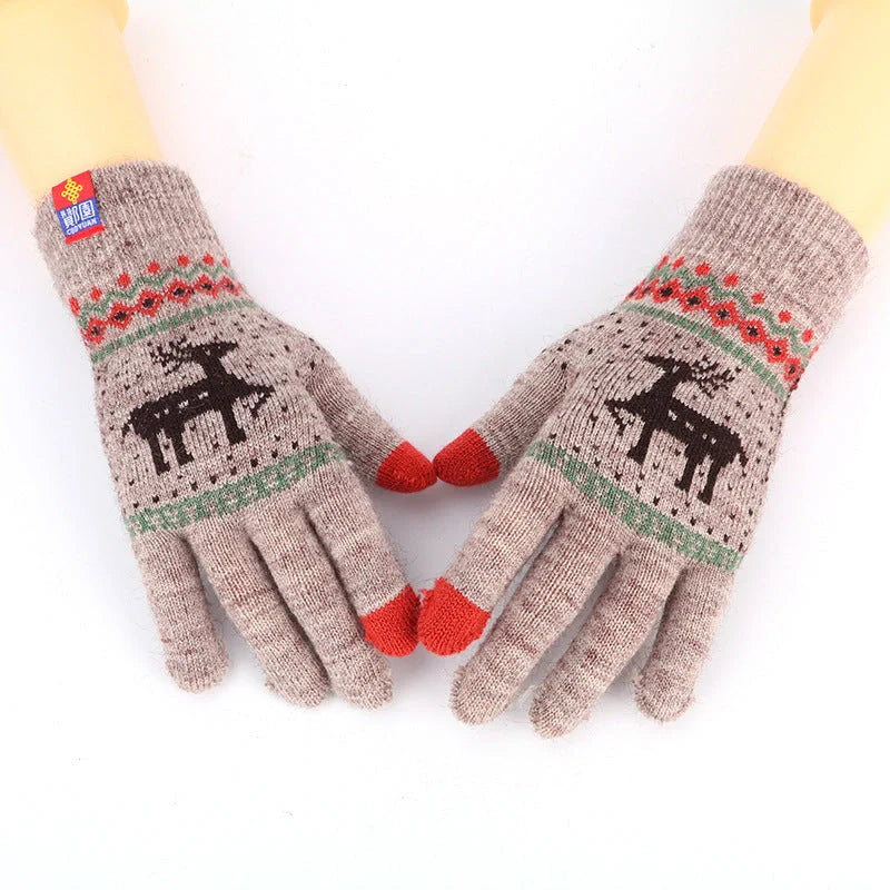 Women's deer and snowflake knitted winter gloves with touch screen functionality