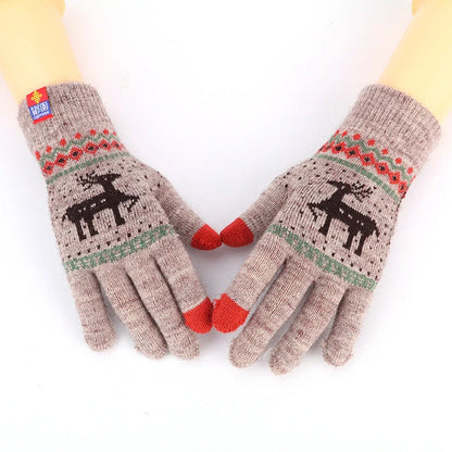 Women's deer and snowflake knitted winter gloves with touch screen functionality