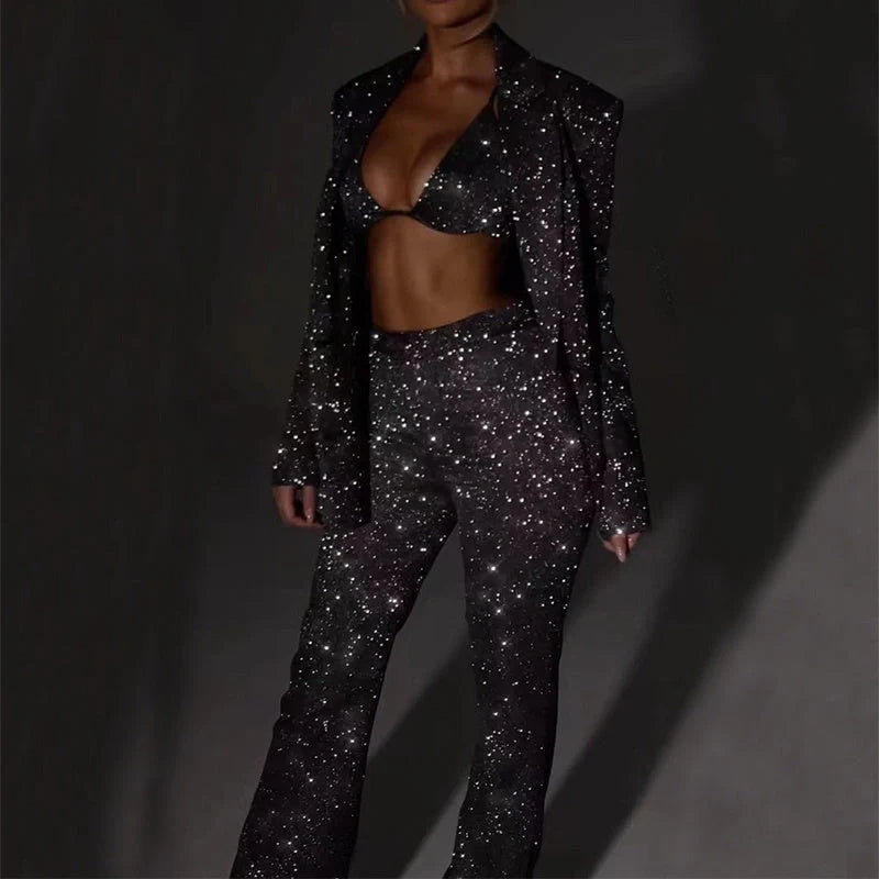 Women's 3-piece shiny suit set with bra lapel blazer and straight-leg trousers