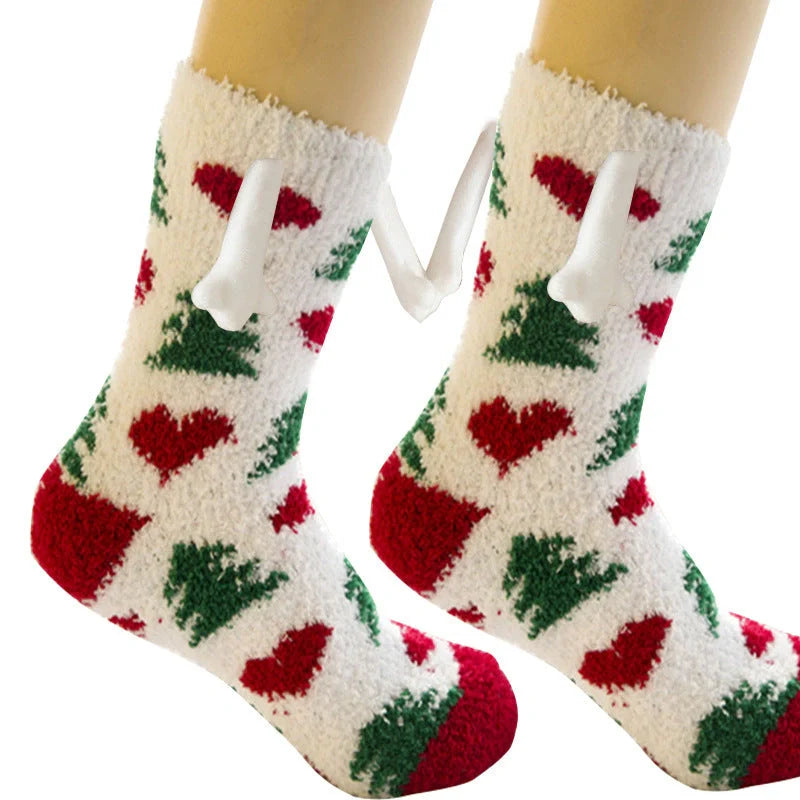 Christmas couple socks with magnetic suction feature for hand holding, festive 3D animal patterns