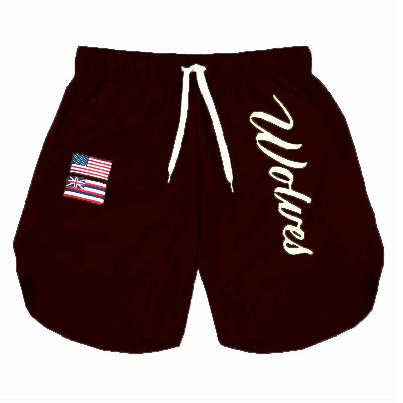 Men's casual running shorts in breathable wicking fabric, available in black, navy blue, wine red, and army green