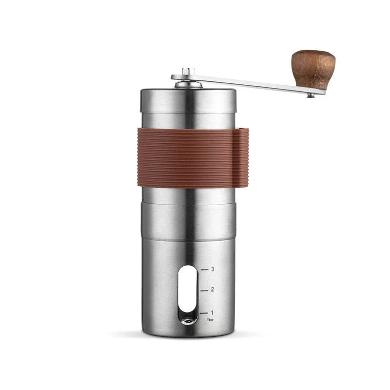 Portable hand coffee machine with stainless steel grinder and folding handle