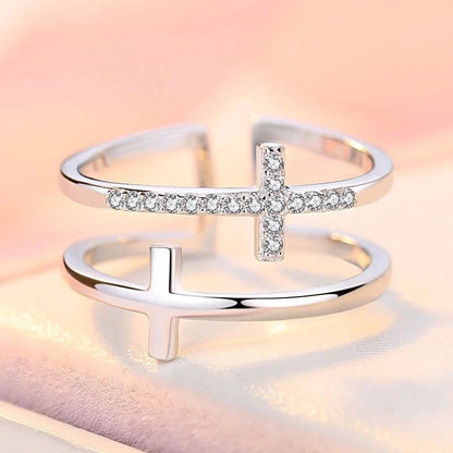 Double Cross Miniature Copper Inlaid Zircon Ring with adjustable opening for women