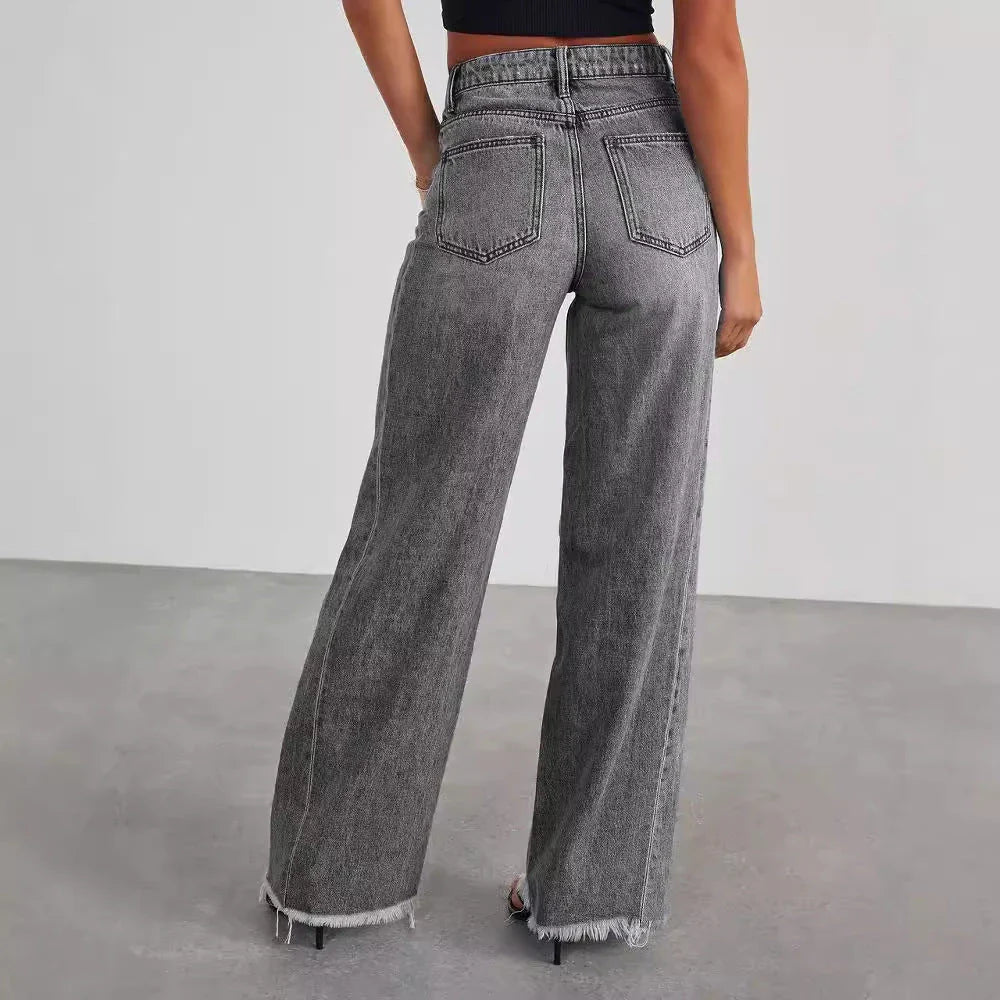 High-rise jeans with pockets, comfortable slim-fit straight leg pants for women in various colors