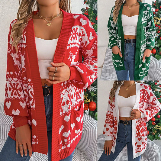Women's open-front deer print cardigan sweater with lantern sleeves in red, green, and white colors