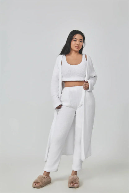 Cozy 3-Piece Lounge Set in soft, fluffy cotton-polyester blend with cropped top, wide-leg pants, and matching cardigan in various pastel colors