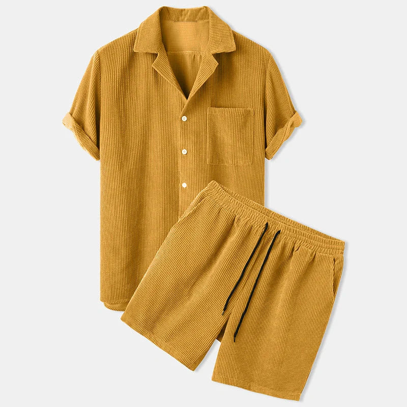 Corduroy short sleeve suit two-piece set in yellow, green, and light blue