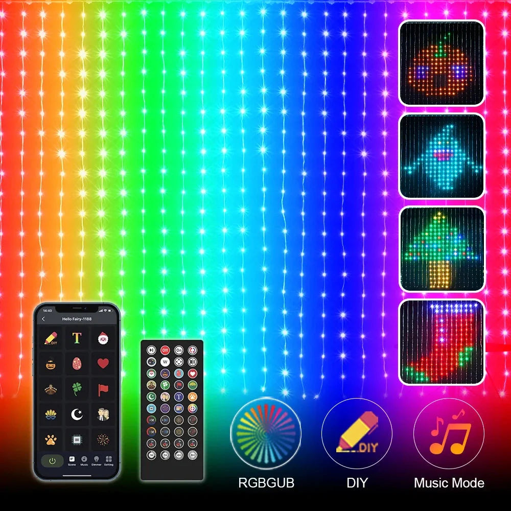 Smart LED RGB Curtain String Lights with Bluetooth control and waterproof design