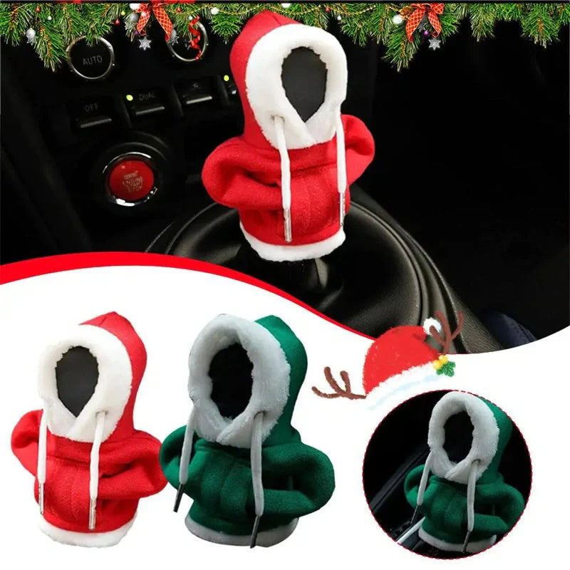Christmas Hoodie Car Gearshift Cover in red and green, handmade from hoodie fabric