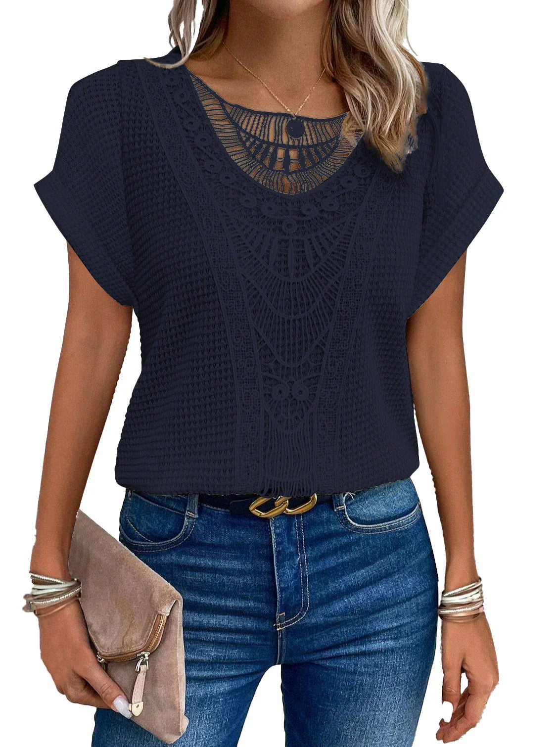 Trendy hollowed-out short-sleeve t-shirt for women in various colors and sizes
