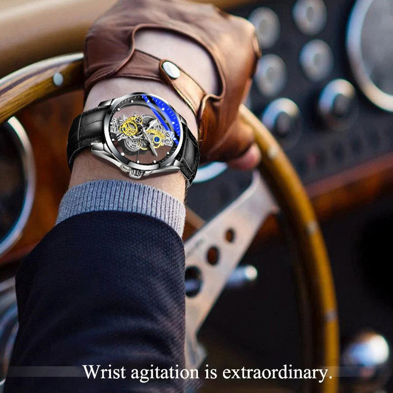 Men's skeleton automatic quartz watch with gold finish and mineral glass face